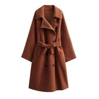 Double-breasted Sashed Fleece Long Coat