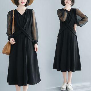 Sheer Long-sleeve Mock Two-piece Dress
