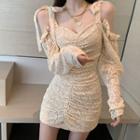 Plain V-neck Lace Slim-fit Off-sleeve Dress Almond - One Size