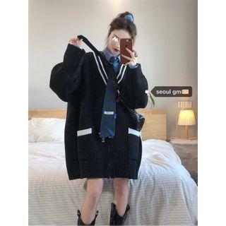 Long-sleeve Contrast Trim Oversize Zipped Jacket As Shown In Figure - One Size