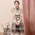 Short-sleeve Dotted Lace Panel Midi A-line Dress