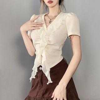 V-neck Ruffle Trim Cropped T-shirt
