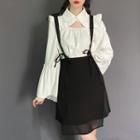Bell-sleeve Cut-out Shirt / Lace-up Asymmetrical Short Skirt