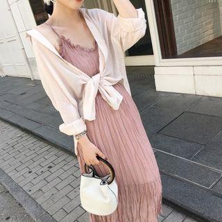 Set: Spaghetti-strap Midi Crinkle Dress + Sheer Shirt