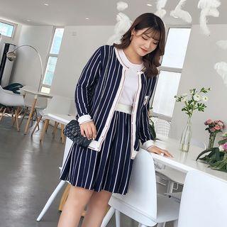 Set: Dog Embroidered Striped Cardigan + Mini A-line Striped Knit Skirt
