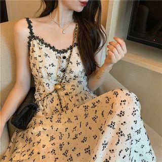 Cropped Cardigan / Strappy Floral Print Midi A-line Dress
