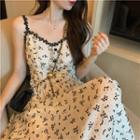 Cropped Cardigan / Strappy Floral Print Midi A-line Dress