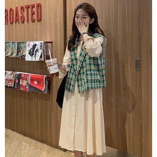 Plaid Vest / Long-sleeve Midi Jacquard Dress