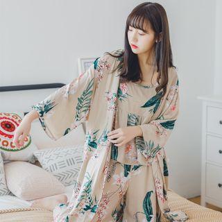 Set : Floral Print Light Jacket + Spaghetti Strap Top + Pants