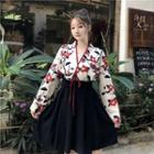 Long-sleeve Hanfu Floral Top / Mini Pleated A-line Skirt