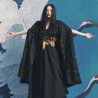 Glittered Button-up Hooded Cape Jacket Black - One Size