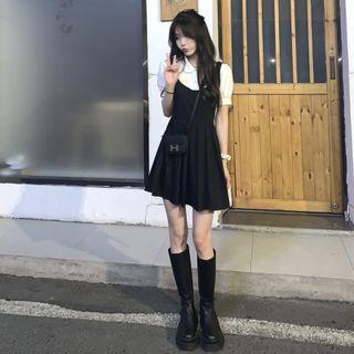 Mock Two-piece Short-sleeve Collared Mini A-line Dress