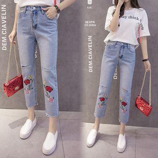 Embroidered Cropped Straight Cut Jeans