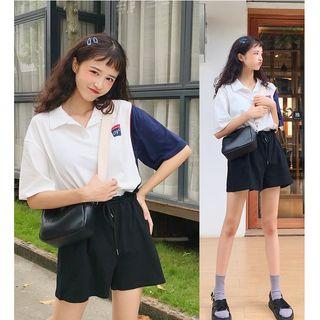 Color Block Short-sleeve Polo Shirt / Drawstring Shorts
