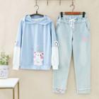 Cat Print Hoodie / Lace Trim Straight-cut Jeans