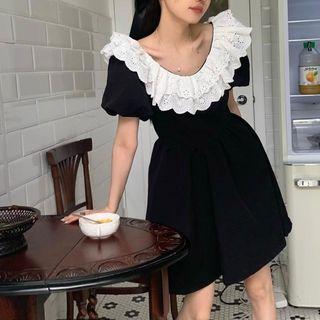 Puff-sleeve Eyelet Lace Collared A-line Dress