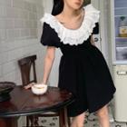 Puff-sleeve Eyelet Lace Collared A-line Dress