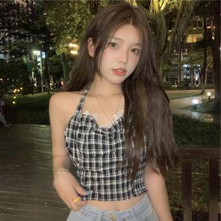 Halter-neck Plaid Crop Top Black - One Size