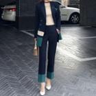 Set: Double-breasted Contrast-trim Blazer + Wide-leg Pants