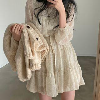 Long-sleeve Floral Print Tiered Mini A-line Dress / Cardigan