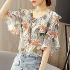 Elbow-sleeve Floral Frill Trim Blouse