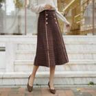 Button-detail Check Long Knit Skirt