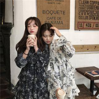 Long-sleeve Floral-print Midi Tiered Dress