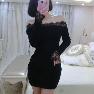 Lace Trim Off-shoulder Long-sleeve Bodycon Dress