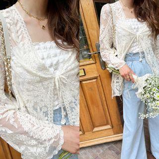 Tie-front Longline Lace Cardigan Light Beige - One Size