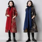 Printed Open-front Long Padded Jacket With Scarf