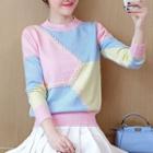 Long-sleeve Color Block Knit Top Pink - One Size