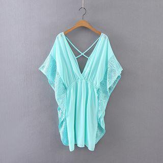 Cross Strap Lace Trim Short Sleeve Chiffon Dress