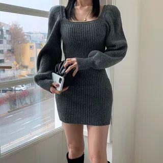 Balloon-sleeve Mini Rib-knit Dress