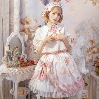 Set: Short-sleeve Ruffled Blouse + Cartoon Print A-line Skirt