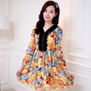 Long-sleeve Floral Chiffon Dress