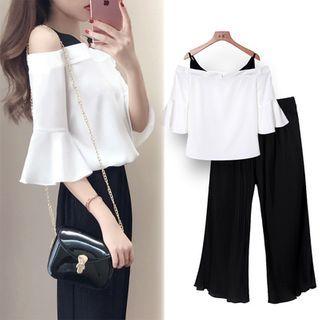 Set: Two-tone Cold-shoulder Blouse + Plain Wide-leg Cropped Pants