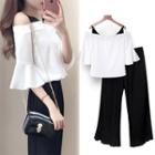 Set: Two-tone Cold-shoulder Blouse + Plain Wide-leg Cropped Pants