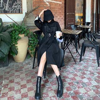 Long-sleeve Stitch Trim A-line Midi Shirt Dress