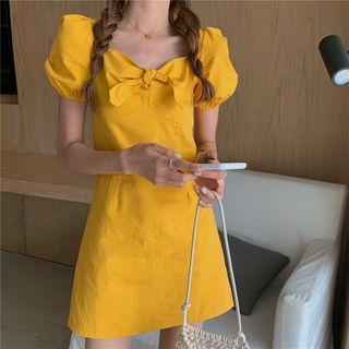 Bow-front Plain Puff-sleeve Mini Dress