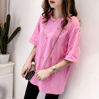 Elbow-sleeve Feather T-shirt