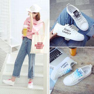 Faux Leather Embroidered Lettering Sneakers