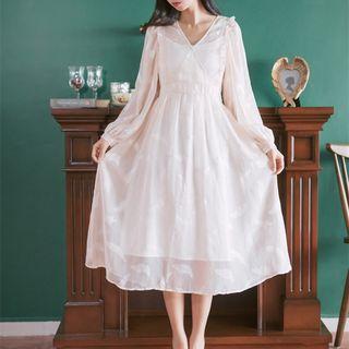 Lantern-sleeve V Neck Chiffon Dress