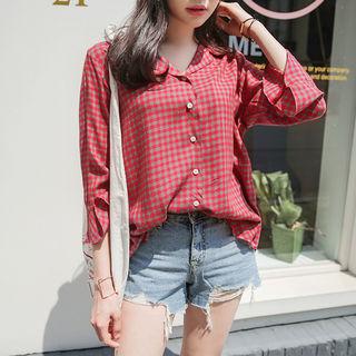 Notched-collar Ruffle-cuff Plaid Shirt