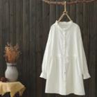 Long-sleeve Stand Collar Mini Shirt Dress White - One Size