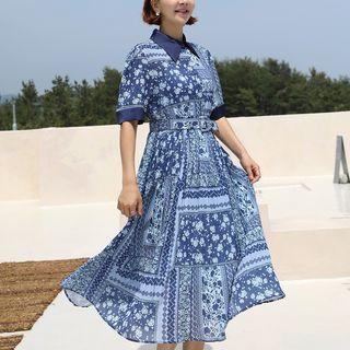 Patterned Long Shirtdress With Belt