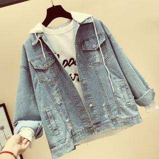 Distressed Lettering Print Hooded Denim Jacket