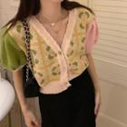 Puff-sleeve V-neck Contrast Print Wave Trim Knit Top Print - Green & Pink & Yellow - One Size