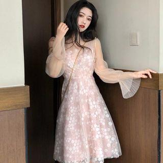 Set: Sheer Long-sleeve A-line Dress + Slipdress