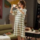 Striped Elbow-sleeve Sleep Dress