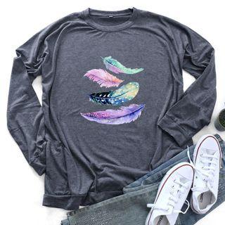 Feather Print Round-neck Long-sleeve T Shirt